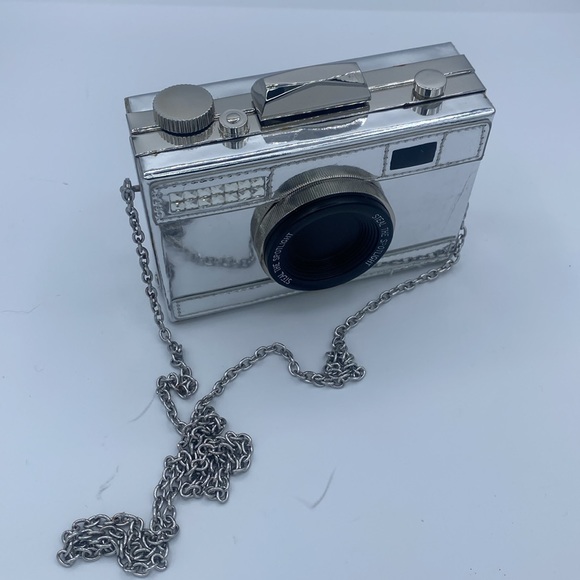 Charming Charlie Camera Photo Silver Purse Clutch Crossbody Handbag - Picture 8 of 11